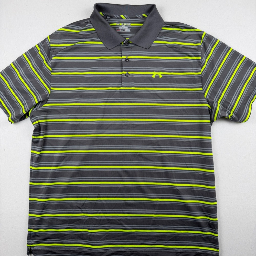 Under Armour HeatGear Polo Shirt Mens 2XL Gray Neon Yellow Striped Golf Loose